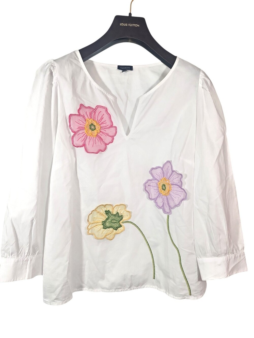 Talbots Floral Embroidered Poplin Top White Split Neck 3/4 Sleeve. S